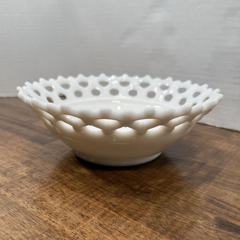 White Milk Glass Open Lace Pattern Round Bowl, Glossy Decorative Finish